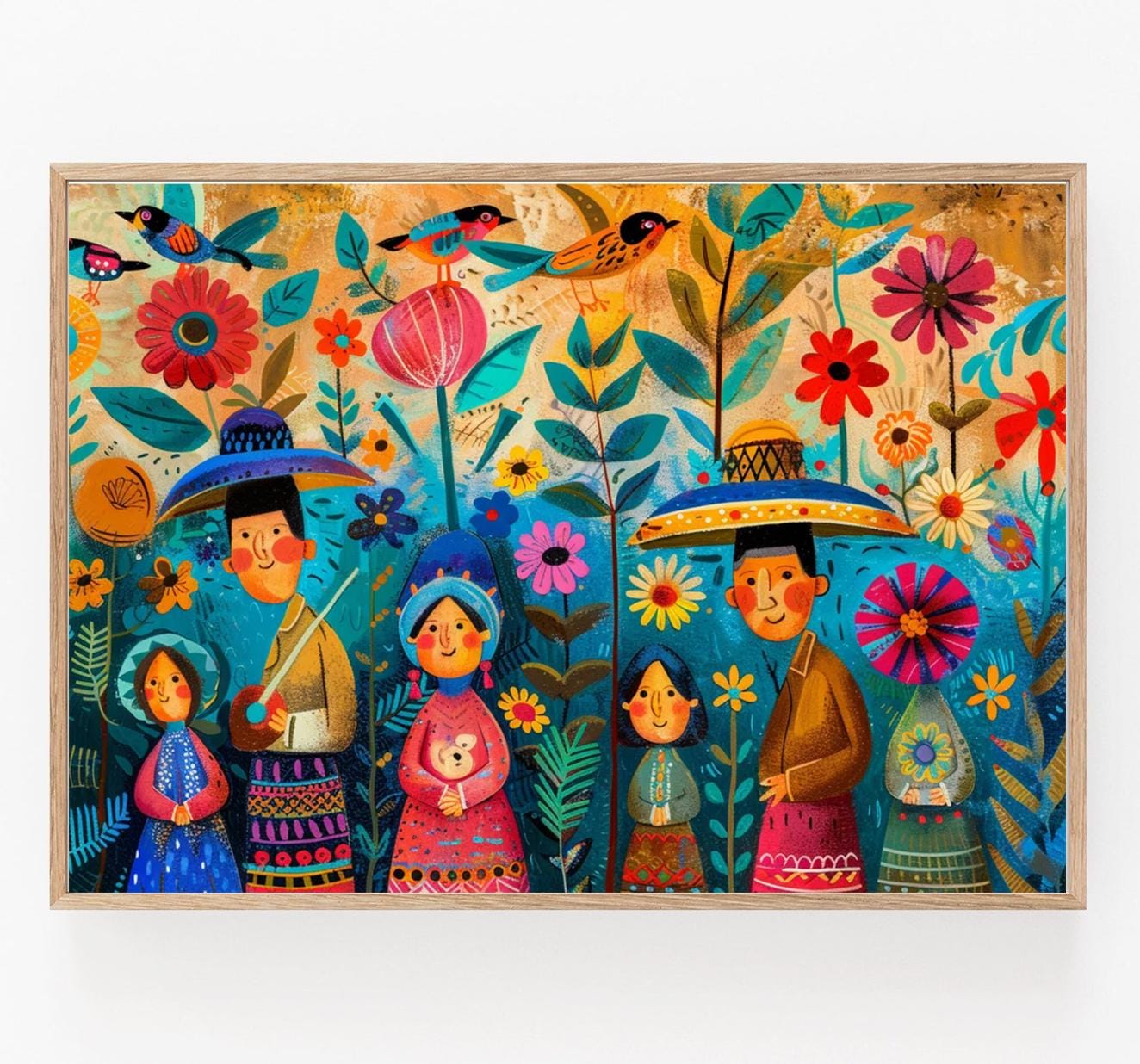 Pueblo Maxicano Art Print | Folklore Poster, Mexican Folk Art Print | Colorful Folklore Poster with Villagers, Mayan and Aztec Decor