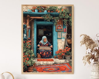 Old Kurdish Woman Weaving Iraqi Kilim, Middle Eastern Gift
