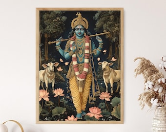 Lord Krishna Pichwai Poster, Lotus Cows, Indian Temple Art Print