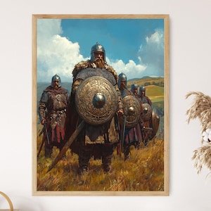 Guerrieri anglosassoni, elmo e scudo di Sutton Hoo, stampa artistica di storia medievale