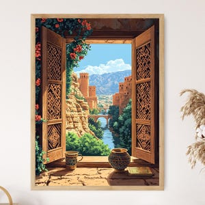 Può includere: Un dipinto di una finestra con persiane in legno ornate, che si affaccia su una vista di una città con un ponte e un fiume. La città è costruita su una collina e ha edifici rosso-marroni. La finestra è incorniciata in legno e ha uno sfondo marrone chiaro.