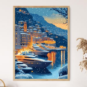 モナコの冬の港のアートプリント、雪の地中海の装飾、モンテカルロの壁アート