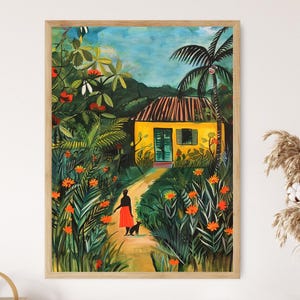 Haitian Village Art Print: Colorful Caribbean Folk Culture Illustration