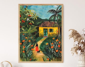Haitian Village Art Print: Colorful Caribbean Folk Culture Illustration