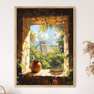 May include: A framed print of a vibrant painting depicting a view of a Mayan pyramid through a stone window. A terracotta pot and woven basket sit on the windowsill. The artwork features lush green foliage, a blue sky, and detailed stonework.