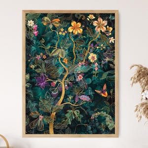 Javanesiska batikmotiv, konsttryck med blommor och fauna