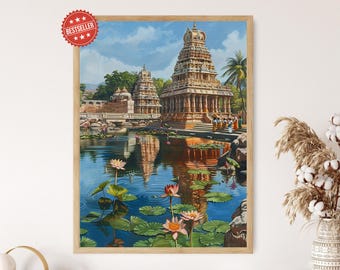 Temple Pond in Tamil Nadu | Vibrant South Indian Cultural Art Print | Hand-Painted Tamil Nadu Folk Artwork
