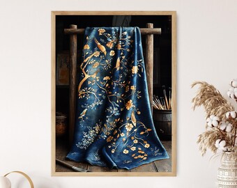 Indonesian Batik Textile Art Print, Floral and Bird Motif Poster, Traditional Fabric Decor
