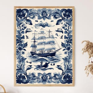 Delftware Nautical Pattern Art, Traditional Blue and White Tile Design Print