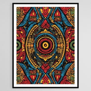 May include: A framed print with a striking, symmetrical design. The artwork displays a complex pattern with a central oval shape, incorporating red, blue, yellow, and green elements on a black background. The design has an abstract, tribal aesthetic.