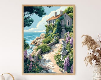 Normandy Seaside Pavilion with Wisteria and Mermaid Statues, Coastal French Garden Art Print