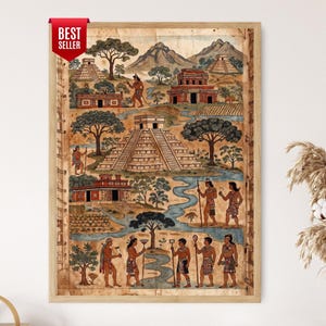 May include: A framed print showing an ancient Mayan civilization. The artwork features pyramids, temples, and figures in earthy tones. A "Best Seller" tag is visible in the upper left corner. The print is displayed on a white wall.