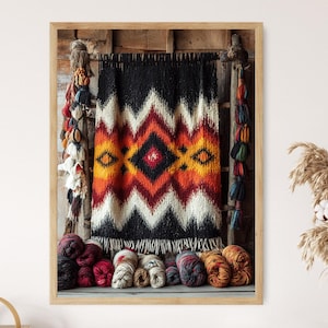 May include: A colorful woven tapestry with a geometric pattern hangs on a wooden frame.  The tapestry is made of wool and has a black, orange, red, and white color scheme.  There are balls of yarn in various colors at the bottom of the frame.