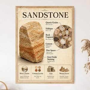 May include: A framed educational poster titled SANDSTONE featuring a large tan and orange rock specimen. The print includes a circular microscopic view of quartz grains, feldspar, rock fragments, cement, and pore spaces, plus sections on formation, colors, uses, and locations.