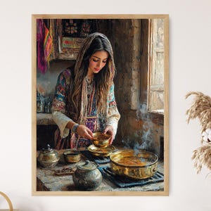 Spiced Tea Serving Art Print, Kurdish Rustic Kitchen Poster, Middle Eastern Hospitality Scene, Traditional Village Decor Illustration