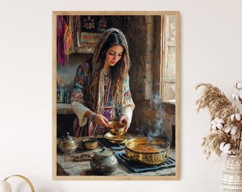Kurdish Kitchen Art Print: Spiced Tea, Rustic Middle Eastern Decor