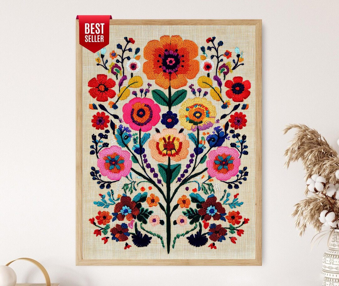 ハンガリーの刺繍アートプリント、伝統的なモチーフ、花柄、鮮やかな