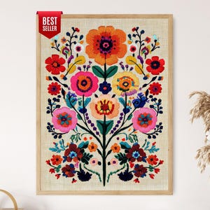 Hungarian Embroidery Art Print, Traditional Motifs, Floral Patterns, Vibrant Folk Design