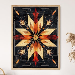May include: A geometric abstract art print with a starburst design in shades of orange, red, and yellow on a dark background.