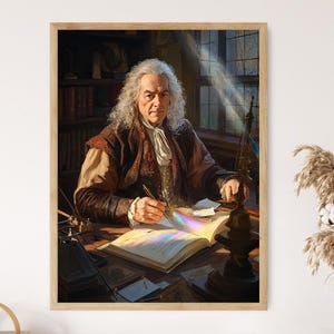 Isaac Newton Portrait Art Print, Classical Scientist, Prism and Light Spectrum