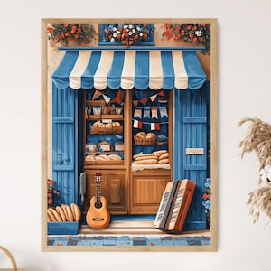Póster de panadería del Día de la Bastilla, impresión artística de escaparate con bandera francesa, escena vectorial plana de la festividad nacional