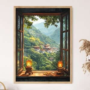 May include: A painting of a window with a view of a mountain range and a village. The window is framed in wood and has two panes of glass. There are two lanterns on the windowsill, one on each side. The lanterns are lit and casting a warm glow.