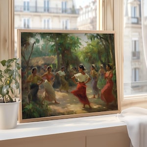 May include: A framed painting depicting a group of people in traditional clothing dancing in a lush outdoor setting. The painting features vibrant colors and a sense of movement.