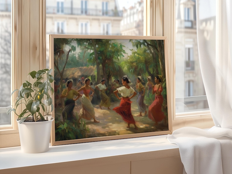 May include: A framed painting depicting a group of people in traditional clothing dancing in a lush outdoor setting. The painting features vibrant colors and a sense of movement.