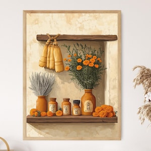 May include: A framed print featuring a rustic shelf with orange flowers in a vase, dried bundles, and small jars. The artwork has a warm, inviting color palette with a focus on natural elements and a vintage aesthetic.
