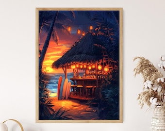Hawaiian Tiki Bar Interior Art Print, Bamboo Furniture and