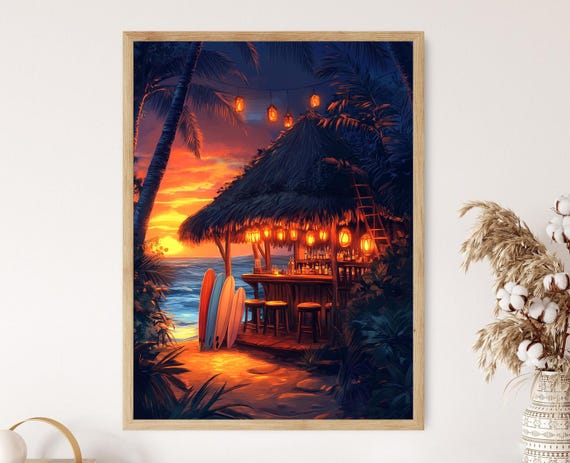 Hawaiian Tiki Bar Sunset Art Print, Lanterns and Surfboards Scene
