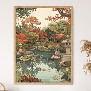 Jardín japonés sereno, impresión artística al estilo de Toshi Yoshida