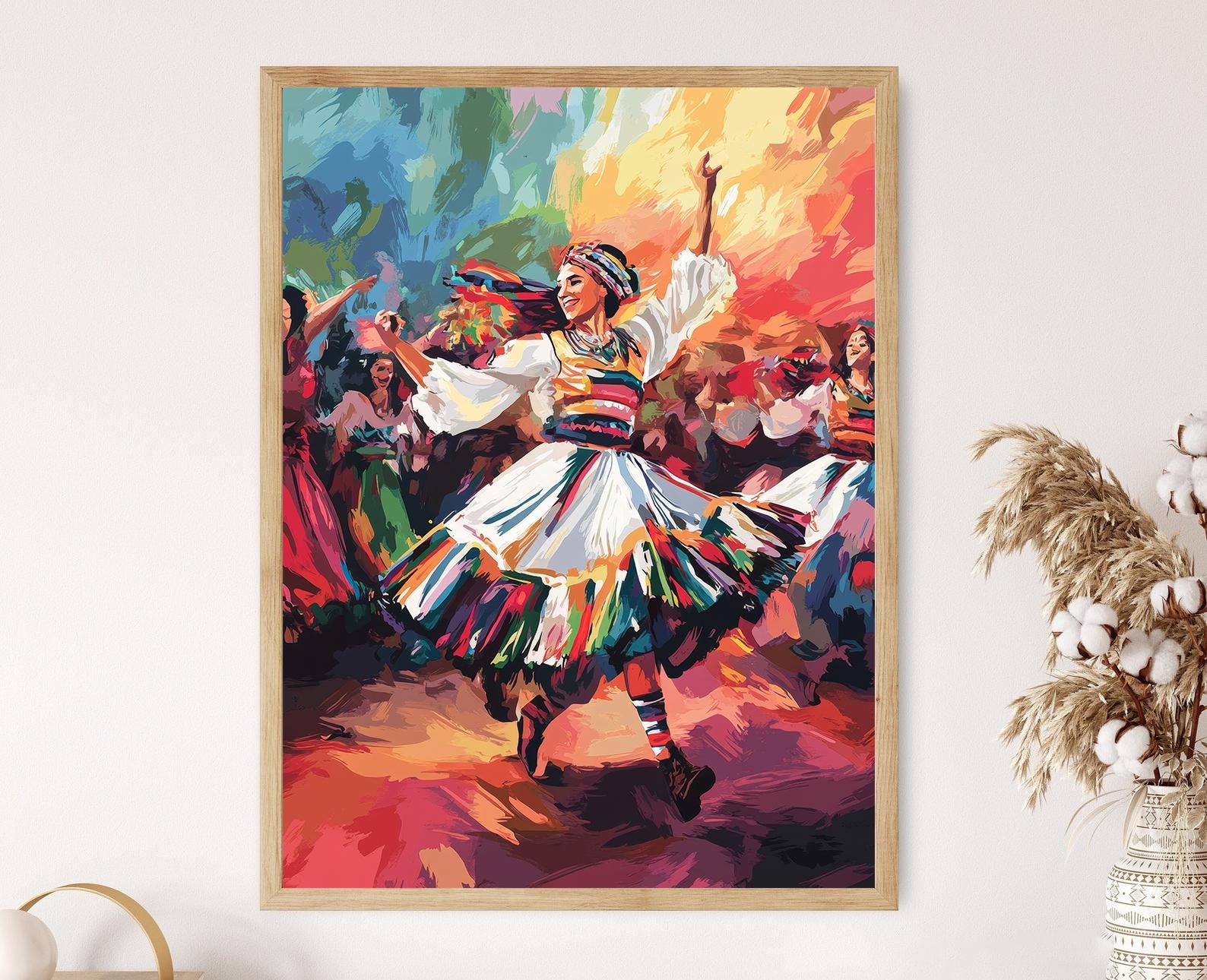 送料込み☆【陶板額】DANCING HOURS Romanian Hora Dance Painting: Vibrant Folk Art, Cultural Decor