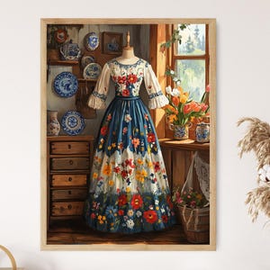 カシュービアの刺繍ドレス アートプリント、伝統的なポーランドの民族衣装、花の遺産