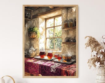 May include: A painting of a rustic kitchen with a window overlooking a green garden. There are four glass teapots filled with tea on a table with a red and white patterned tablecloth.