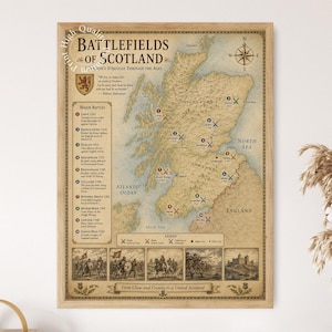 May include: A framed map titled Battlefields of Scotland, A Nation's Struggle Through the Ages. The map features a beige parchment background, a compass rose, a list of major battles, a legend, and five historical illustrations at the bottom.