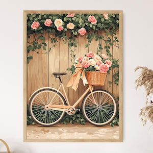 Illustration florale de bicyclette, pivoines coquettes et rubans d'été, décoration de chambre de fille