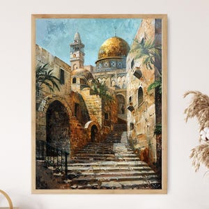 May include: A painting of a narrow street in a Middle Eastern city. The street is lined with stone buildings and leads up to a golden dome mosque. The painting is done in a realistic style with warm colors.