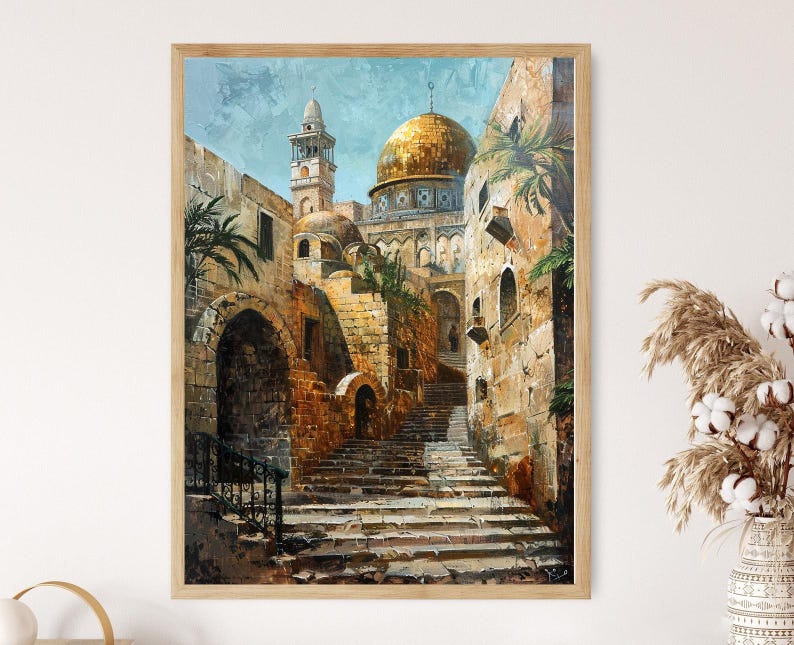 May include: A painting of a narrow street in a Middle Eastern city. The street is lined with stone buildings and leads up to a golden dome mosque. The painting is done in a realistic style with warm colors.