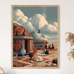 May include: A framed print depicts a traditional scene with yurts, people, and food. The yurts have intricate orange and black patterns. The sky is filled with large, fluffy clouds. The scene is set on a sandy ground with colorful rugs.