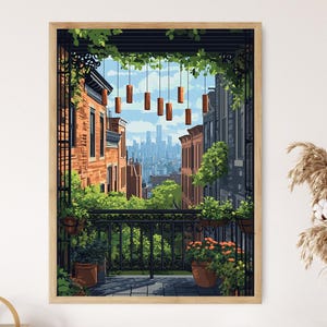 May include: A framed art print depicting a city street scene viewed from a balcony. The artwork features brownstone buildings, lush greenery, and a distant cityscape under a blue sky. Decorative hanging lights add a unique touch to the scene.