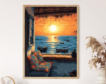 Accra Terrace with Kente Decor, Ghanaian Coastal Art, Vibrant Ocean Scene