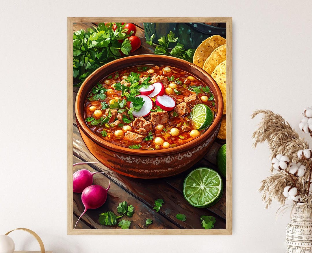 Impresión artística de pozole mexicano: sopa abundante con maíz y