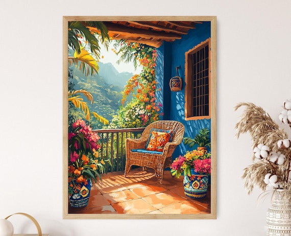 Colombian Patio Art Print, Flores y Wayuu Poster, Vibrant Decor Illustration
