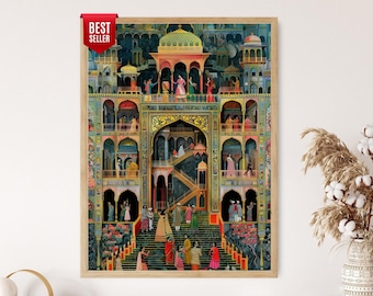 May include: A framed print of an Indian palace scene. The artwork features a detailed illustration of a multi-story building with arched doorways, balconies, and figures in traditional attire. The color palette includes greens, blues, and reds.