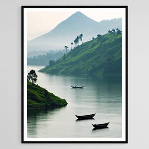 Lake Kivu Art Print, Tranquil Waters, Rolling Green Hills