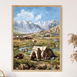 May include: A painting depicting a group of people in traditional clothing camping in a mountainous landscape. The scene features a white tent, a river, and snow-capped mountains in the background.