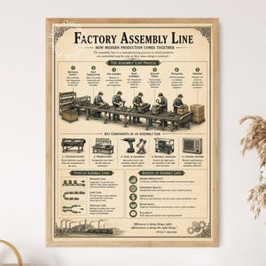 Può includere: Un poster educativo incorniciato intitolato Factory Assembly Line, caratterizzato da un'infografica color seppia che illustra il processo di produzione in sette fasi, i componenti chiave, i tipi di linee di assemblaggio e i vantaggi dei sistemi.
