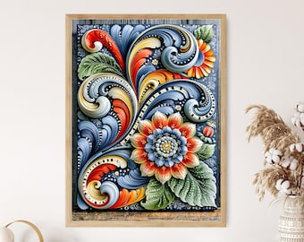 Norwegian Rosemaling Art Print Scandinavian Folk Floral Kitchen Wall Decor