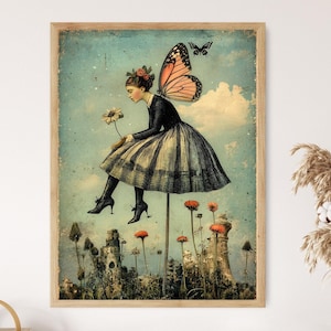 Impression d'art lunatique diseuse de bonne aventure, scène onirique de lune et de tarot, affiche murale surréaliste victorienne avec papillon